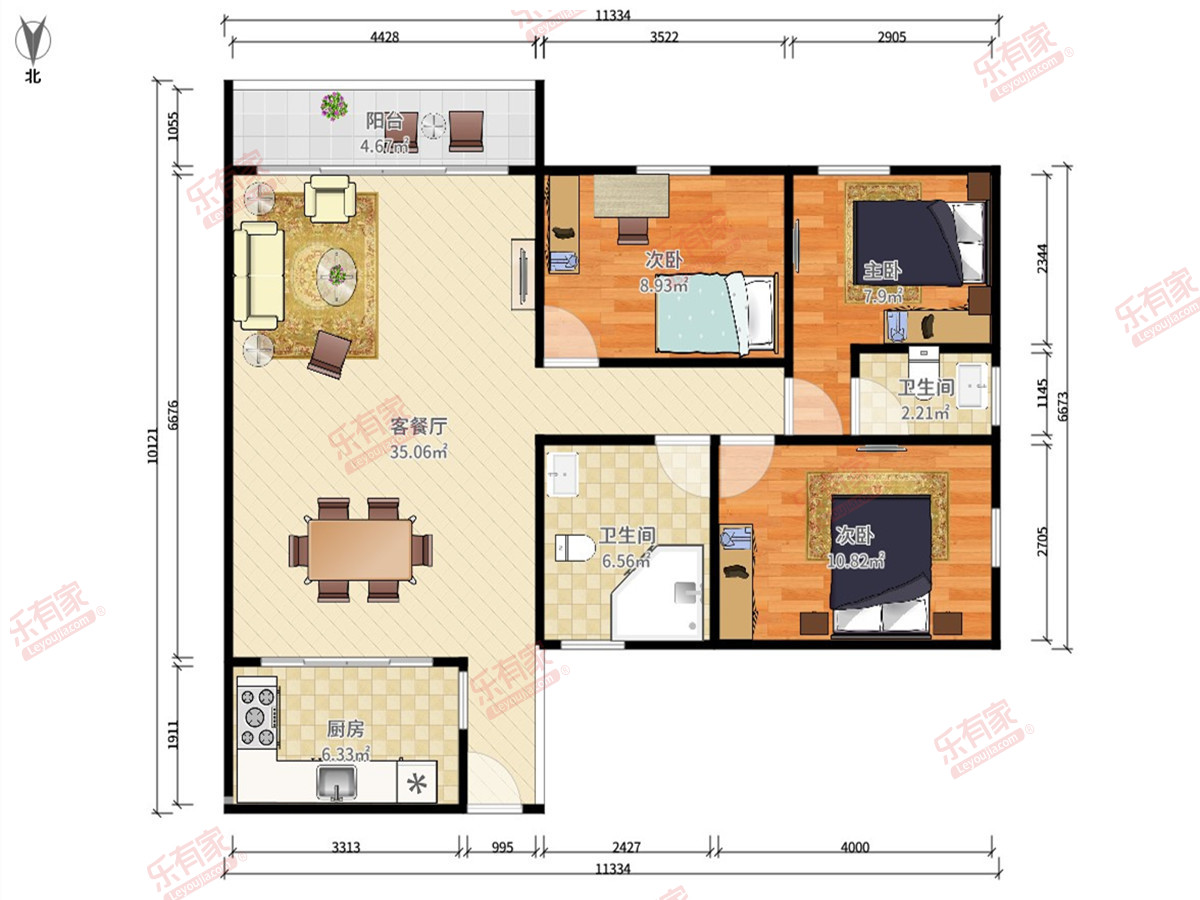 金时花园 3房2厅1卫1厨1阳99.31m² 南