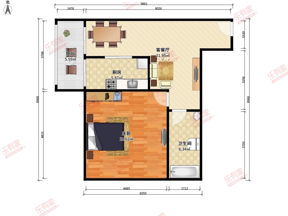 罗拉小镇 1房1厅1卫1厨1阳61.38m² 北 1
