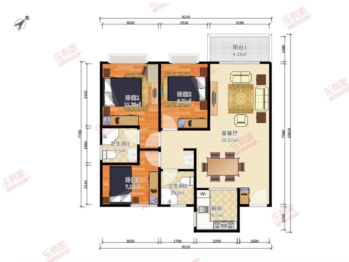 剑桥郡花园 3房2厅2卫1厨1阳106.0m² 南 3
