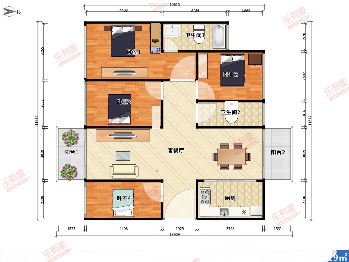 十月花花园 4房2厅2卫 120㎡