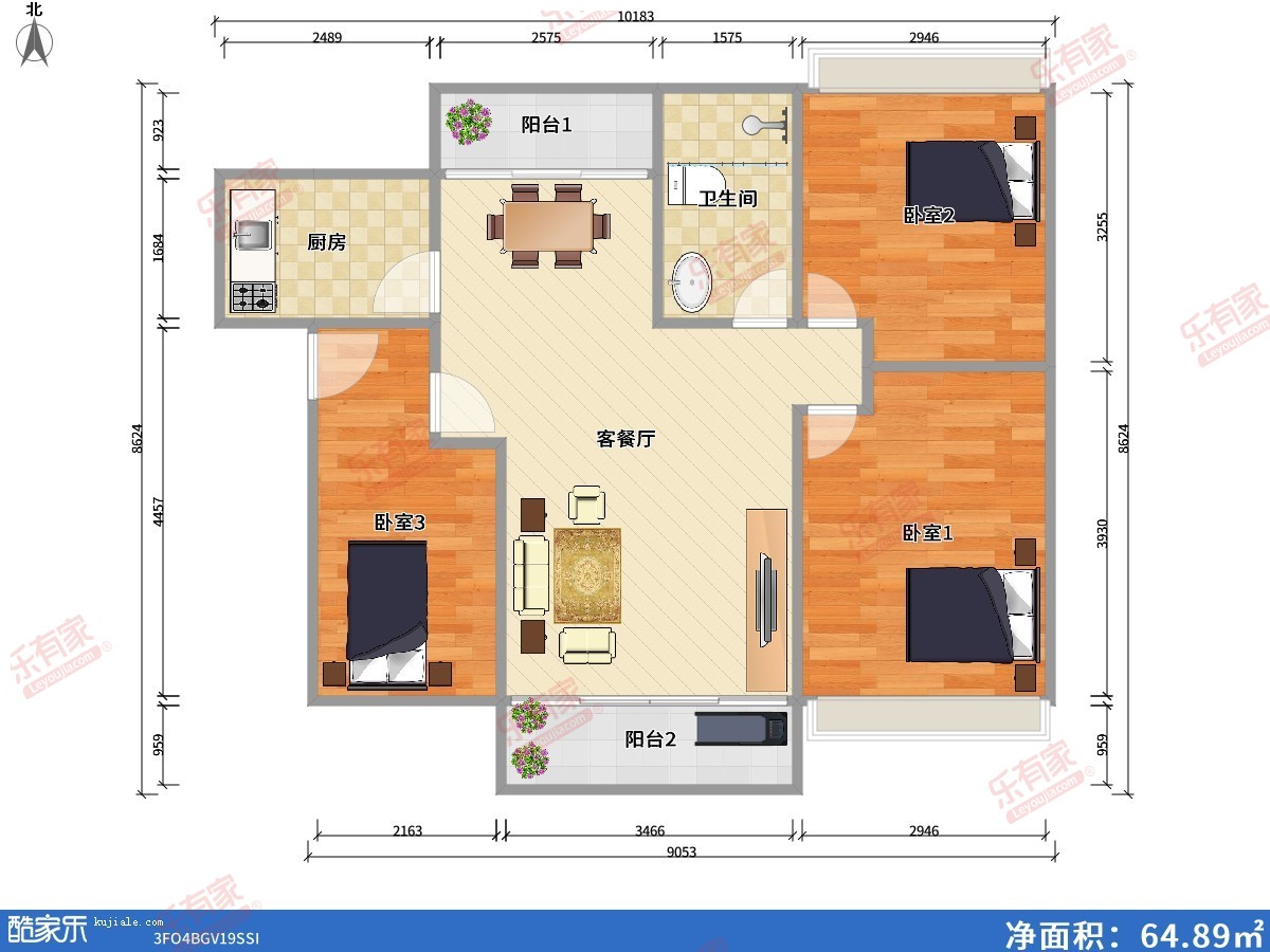国力凯旋花园 3房2厅1卫1厨2阳89.0m² 南北