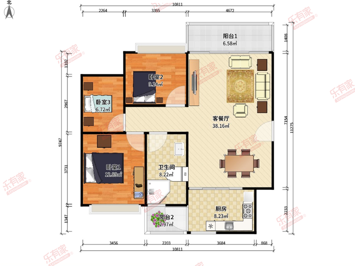 广州恒大金碧花园 3房2厅1卫1厨2阳93.0m² 北 1