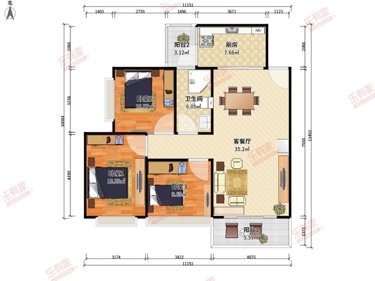 广州恒大金碧花园 3房2厅1卫1厨2阳91.0m² 南 1