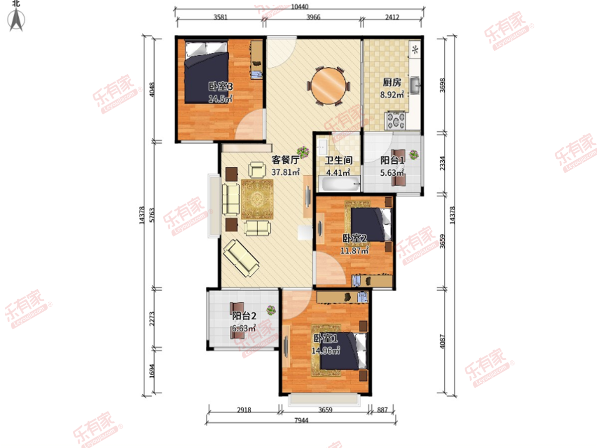 广州恒大金碧花园 3房2厅1卫1厨2阳102.0m² 南