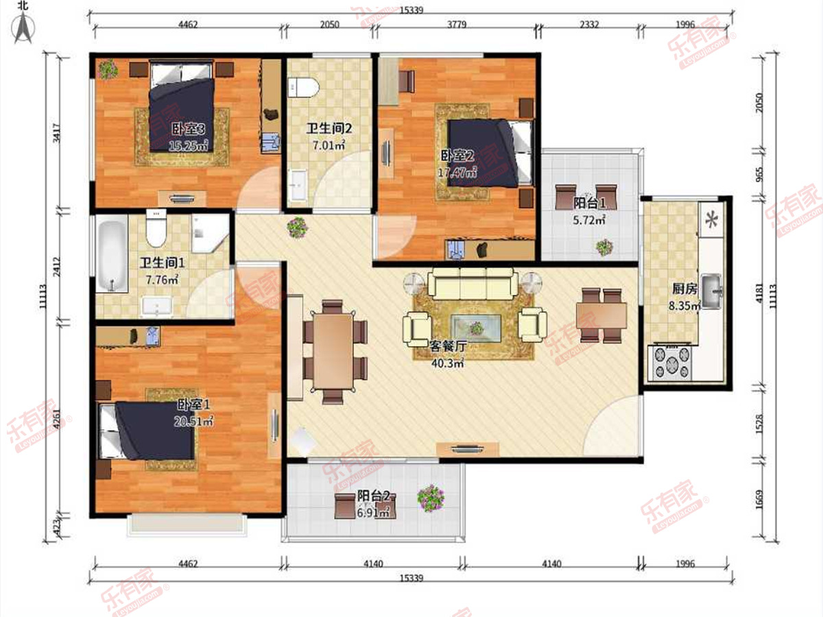 广州恒大金碧花园 3房2厅2卫1厨2阳133.0m² 南