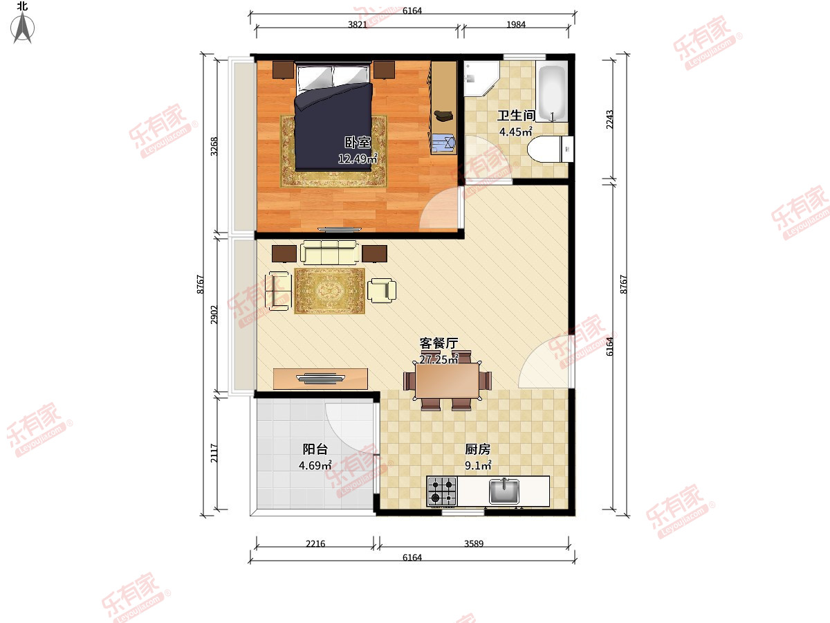 倚湖居 1房2厅1卫1厨1阳48.88m² 西