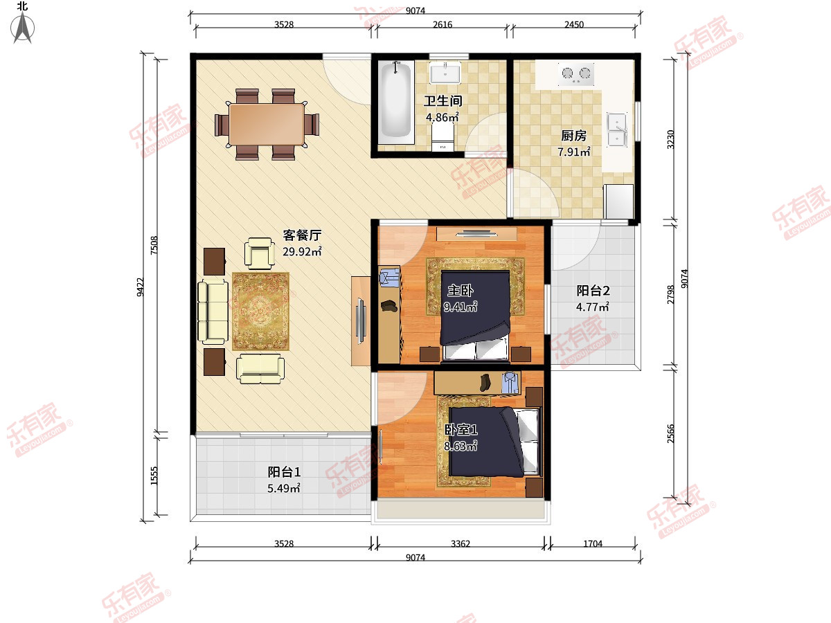 倚湖居 2房2厅1卫1厨2阳71.0m² 南