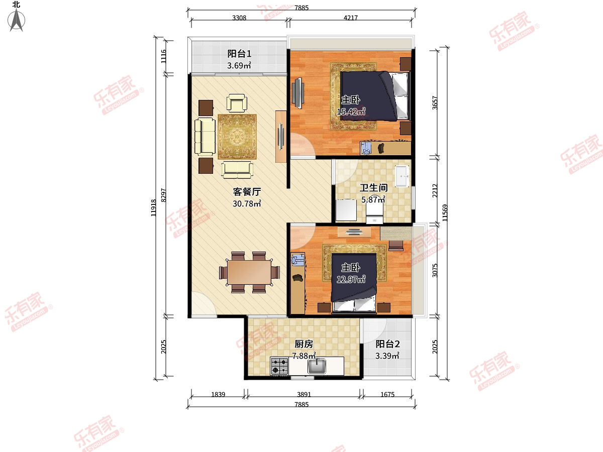 倚湖居 2房2厅1卫1厨2阳78.0m² 北