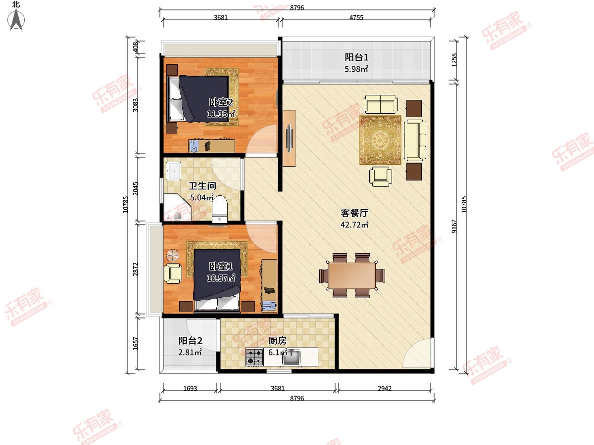 倚湖居 2房2厅1卫1厨2阳84.0m² 北