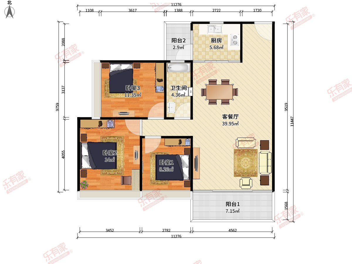 倚湖居 3房2厅1卫1厨2阳93.0m² 南