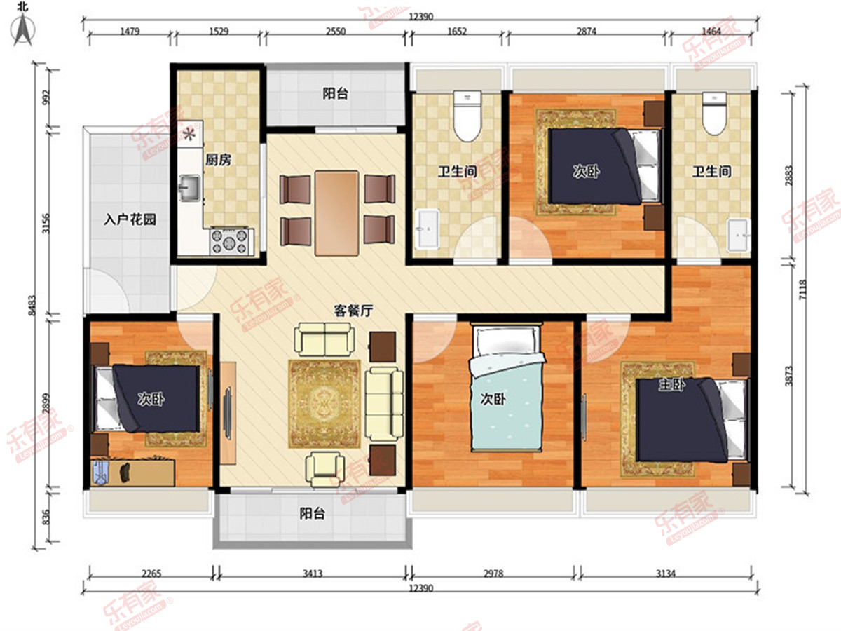鹏瑞四季尚璟花园 4房2厅2卫1厨2阳125.0m² 南北
