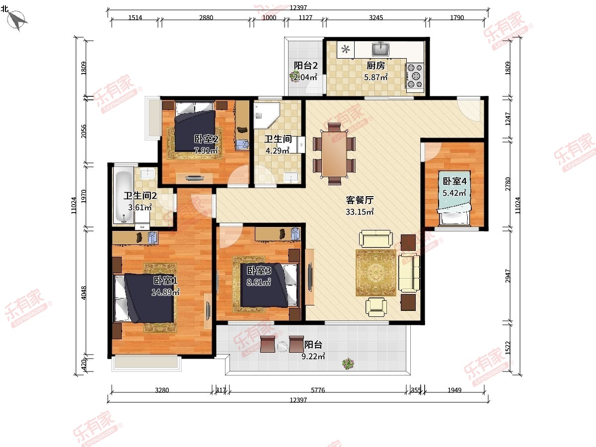 正德天水湖 4房2厅2卫1厨2阳118.97m² 西南 1