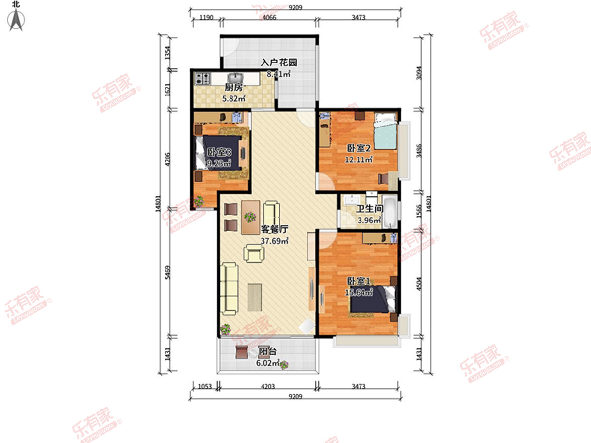 天马丽苑二期 3房2厅1卫1厨1阳98.0m² 南