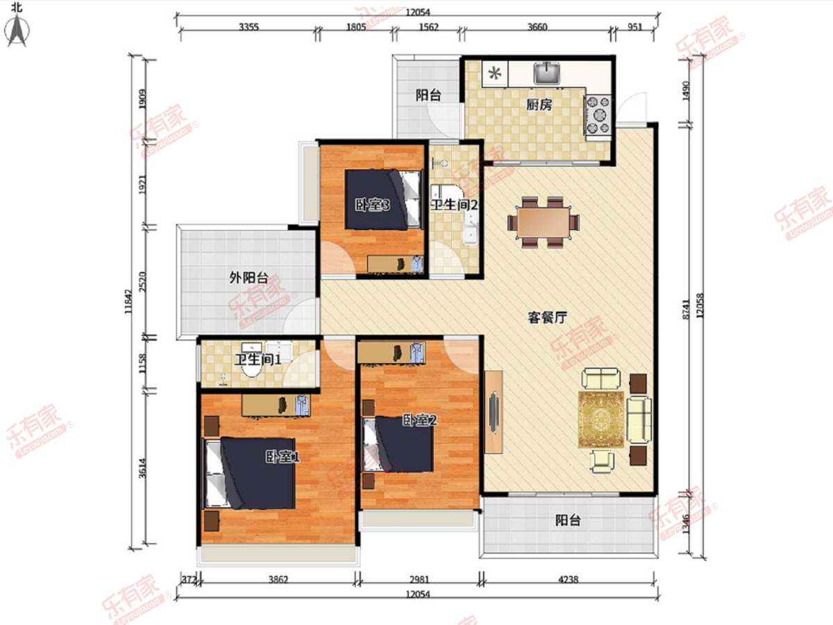 海伦堡青云台 3房2厅2卫1厨3阳107.67m² 南