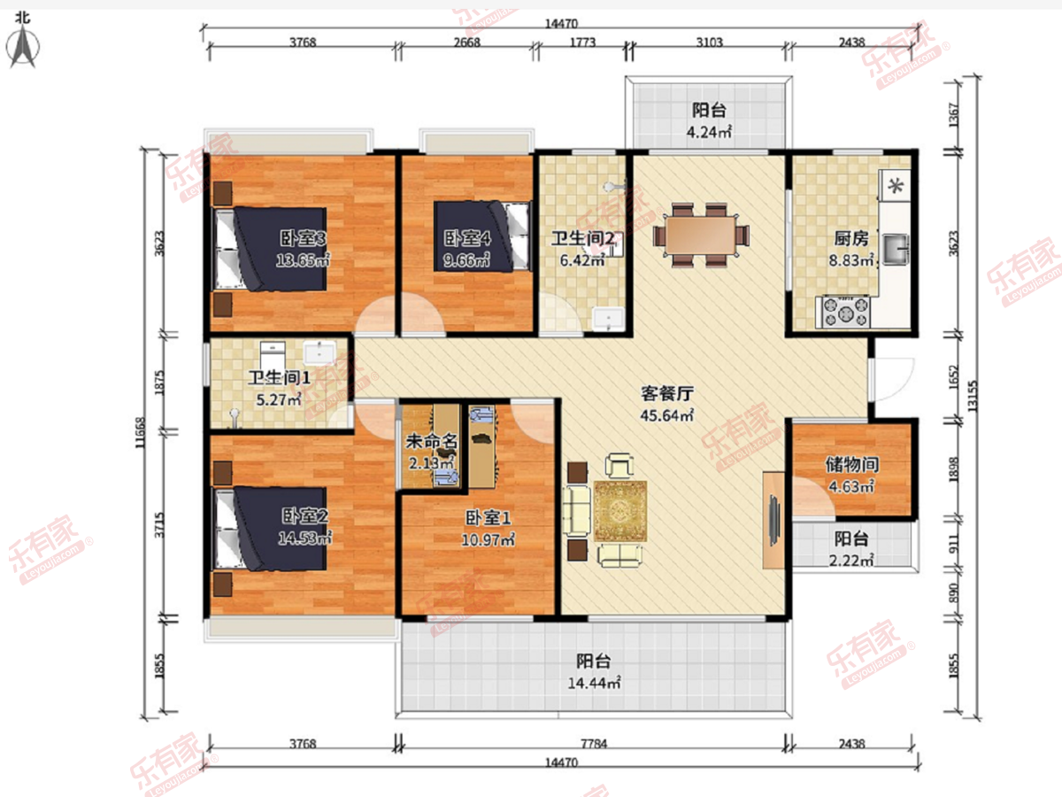 海伦堡青云台 4房2厅2卫1厨3阳142.63m² 南北