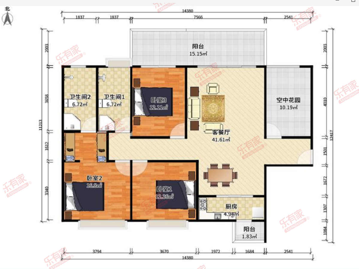 海伦堡青云台 3房2厅2卫1厨3阳128.33m² 东北