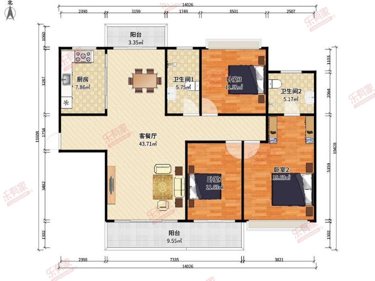 海伦堡青云台 3房2厅2卫1厨2阳117.16m² 南北