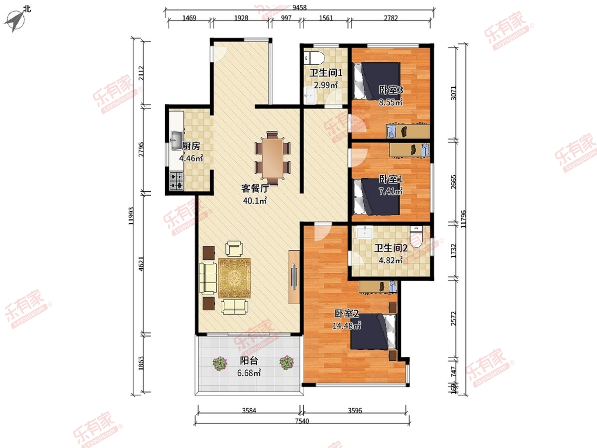 华发四季（中山） 3房2厅2卫1厨2阳120.82m² 东南