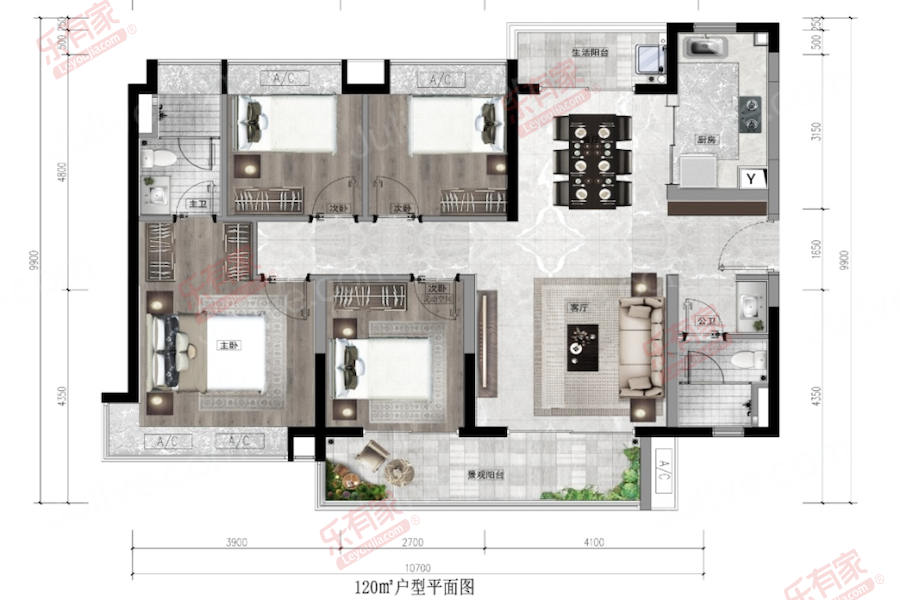 4室2厅1厨2卫120㎡四房户型