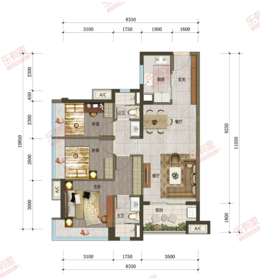 万荟花园 3房0厅0卫0厨0阳90.0m² 东 1