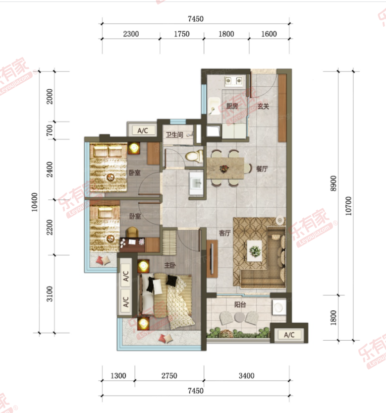 万荟花园 3房0厅0卫0厨0阳90.0m² 东