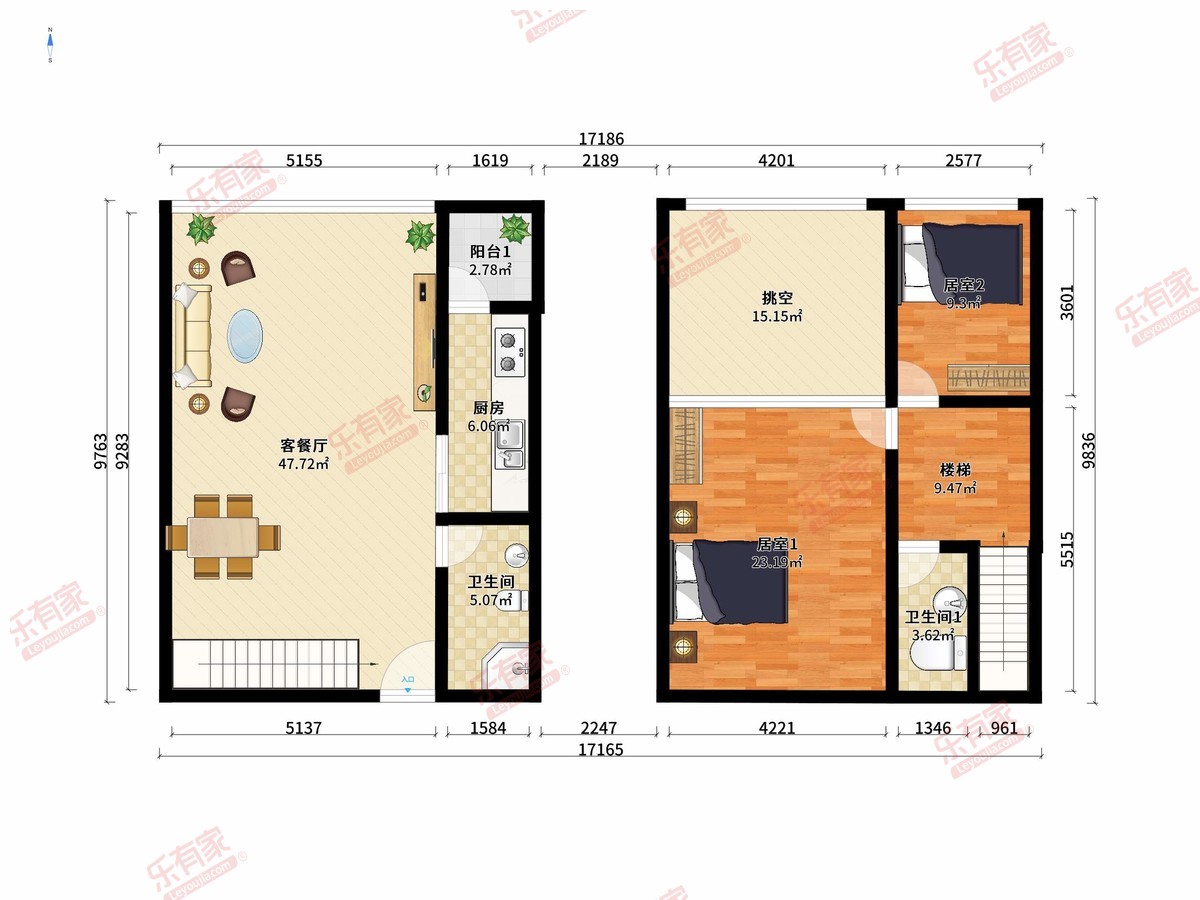 紫元元大厦 2房2厅2卫1厨1阳68.0m² 西北