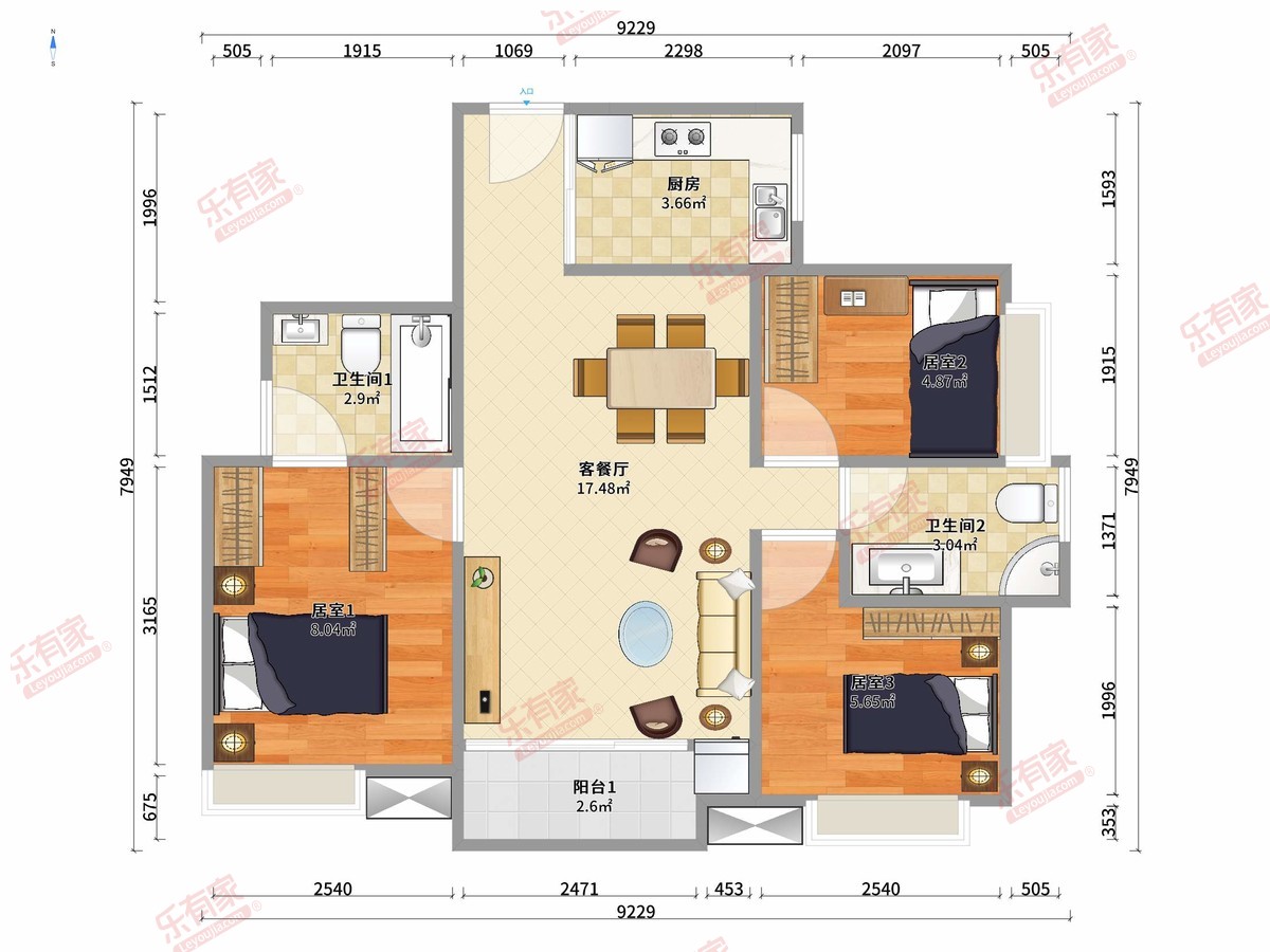 保利合锦嘉泓 3房2厅2卫1厨1阳111.0m² 南