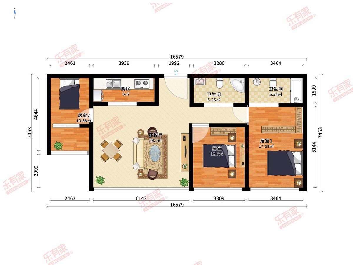 紫元元大厦 3房2厅2卫1厨0阳130.0m² 东南