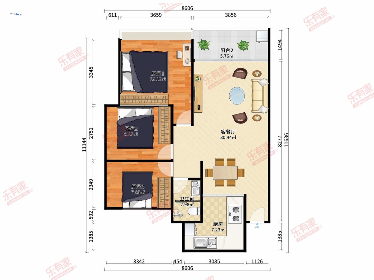 富贵豪庭 3房2厅1卫1厨1阳78.63m² 南