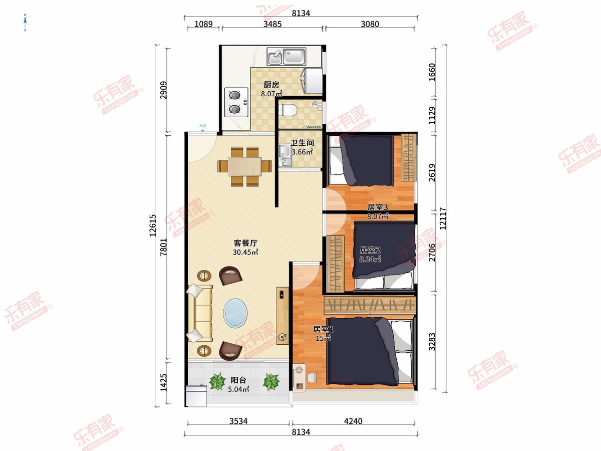 富贵豪庭 3房2厅1卫1厨1阳79.86m² 南