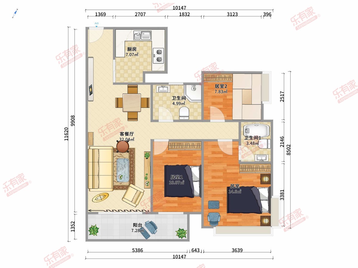 7栋02户型3房2厅2卫1厨1阳103.0m²南