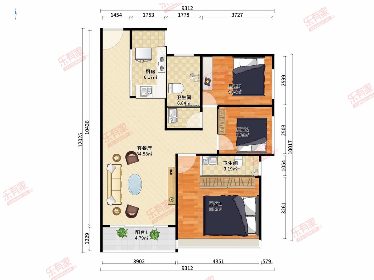 富贵豪庭 3房2厅2卫1厨1阳89.76m² 南 1