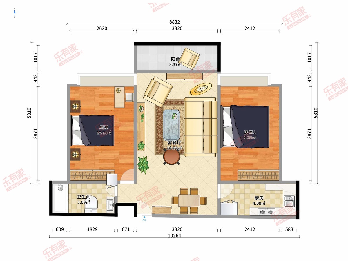 7栋06号房-2房2厅1卫1厨1阳-65.0m²北