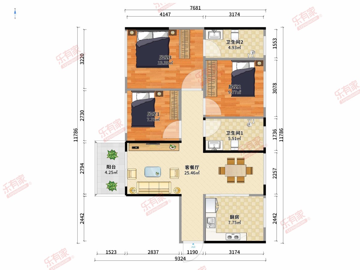 隆腾盛世花园 3房2厅2卫1厨1阳81.0m² 南