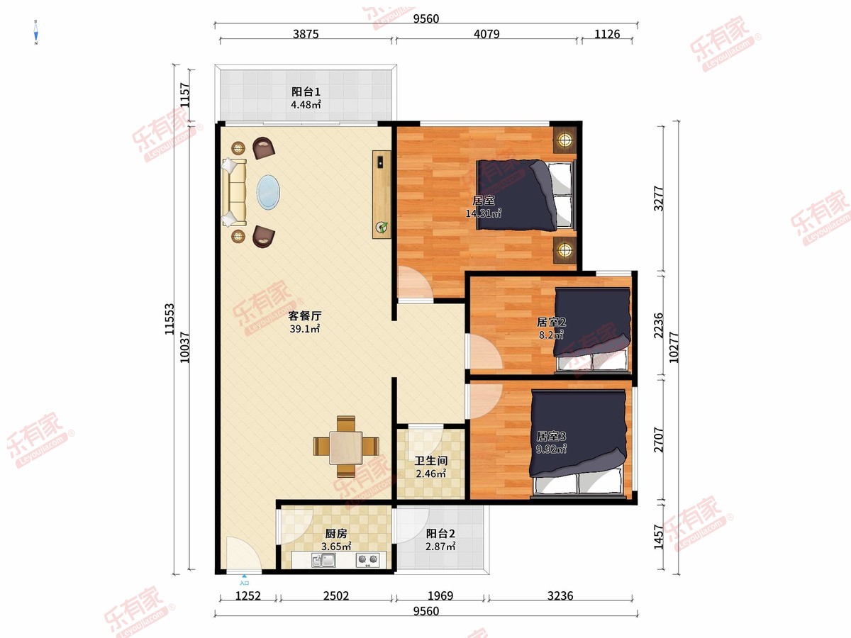 远洋锦上 3房2厅1卫 86.8㎡