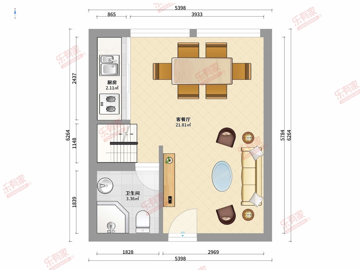 水云天公馆 2房2厅1卫1厨0阳53.1m² 南