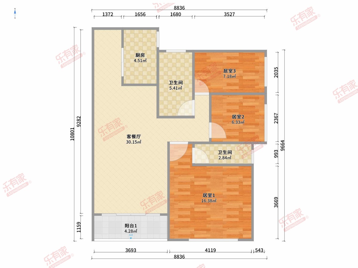 富贵豪庭 3房2厅2卫1厨1阳89.76m² 南