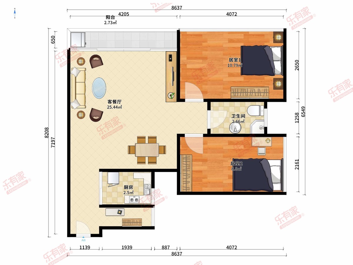 乐富里府 2房2厅1卫1厨1阳73.77m² 南