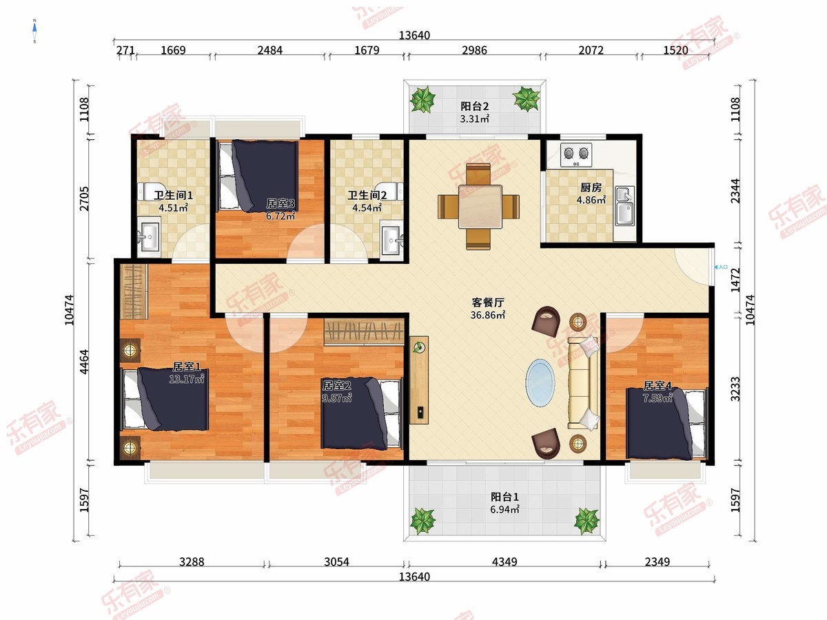 铭萃花园 4房2厅2卫1厨2阳121.0m² 南北