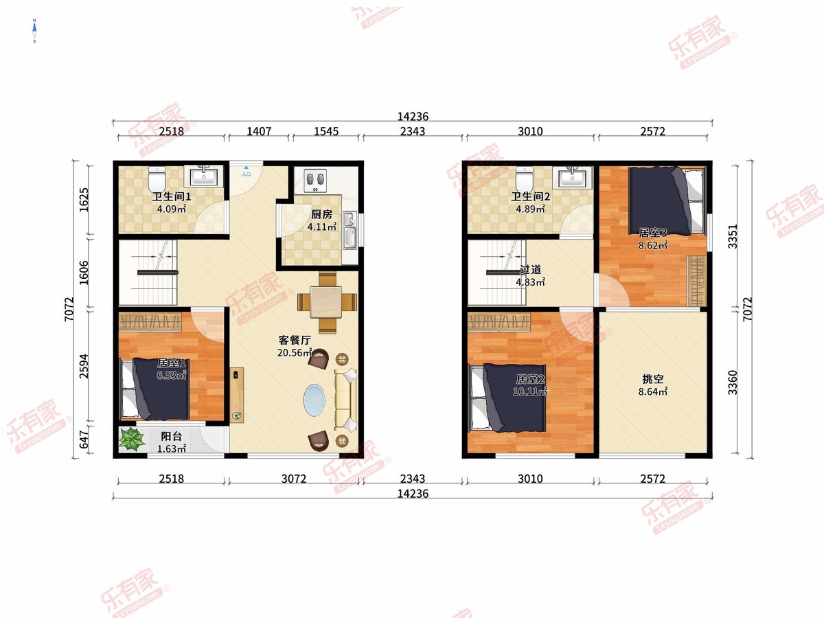 铭萃花园 3房2厅2卫1厨1阳57.0m² 南