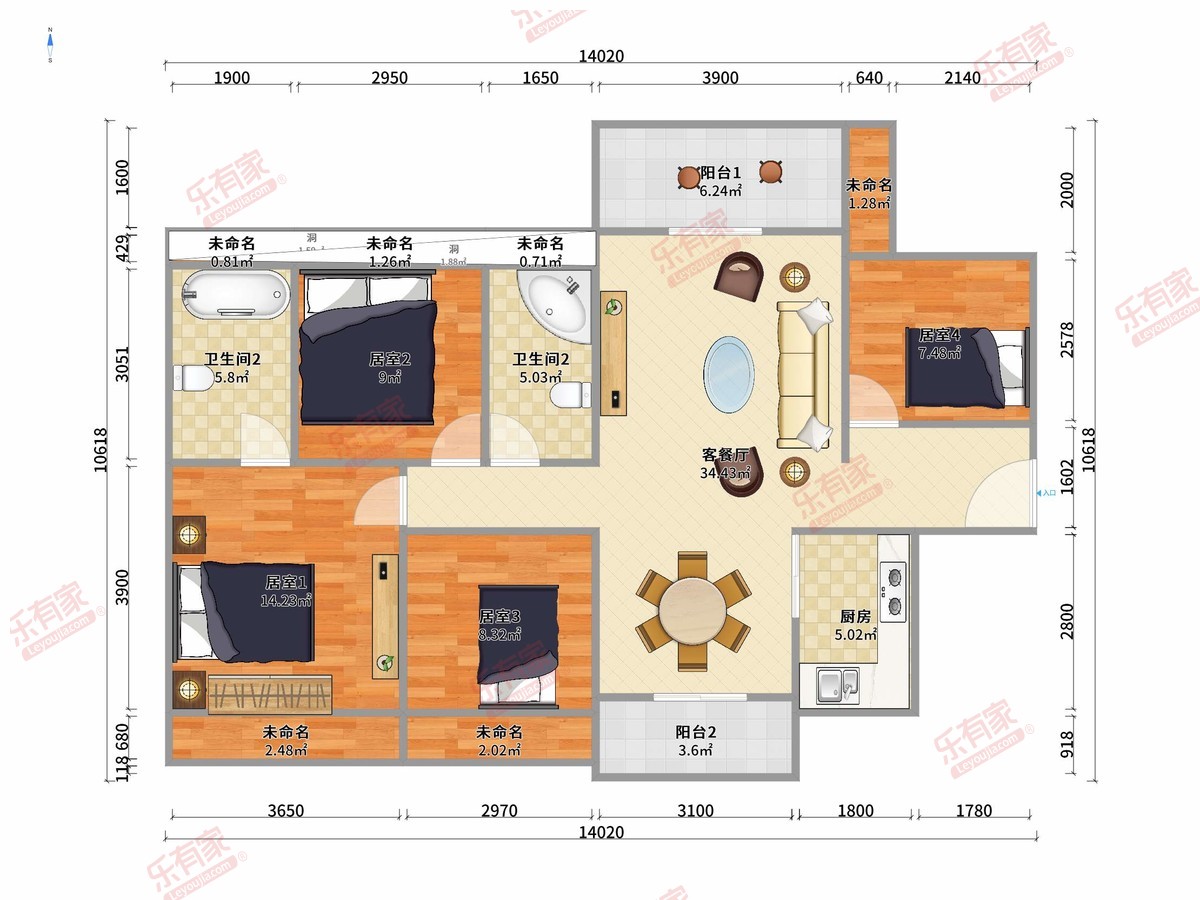 华策御水花园 4房2厅2卫1厨2阳108.0m² 南北