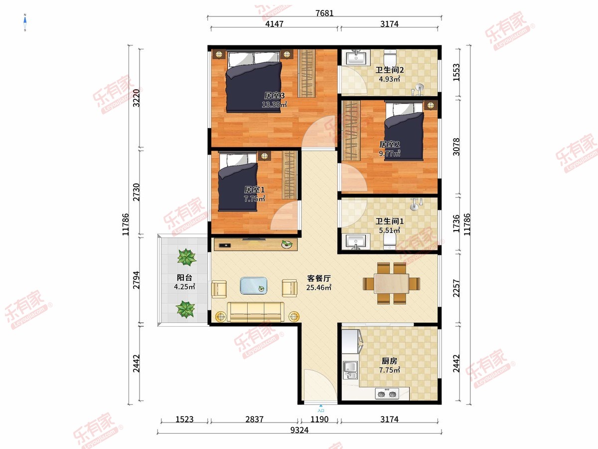 隆腾盛世花园 3房2厅2卫1厨1阳81.53m² 西南