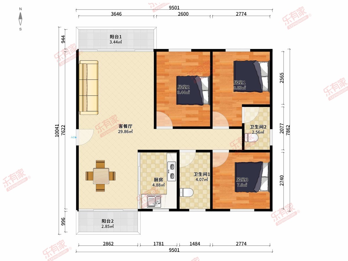 星海湾华庭 3房2厅2卫 86㎡
