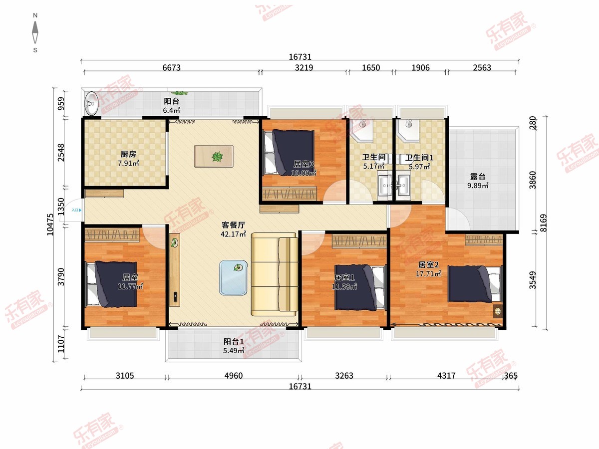 美好雍景台 4房2厅2卫1厨3阳139.0m² 南北