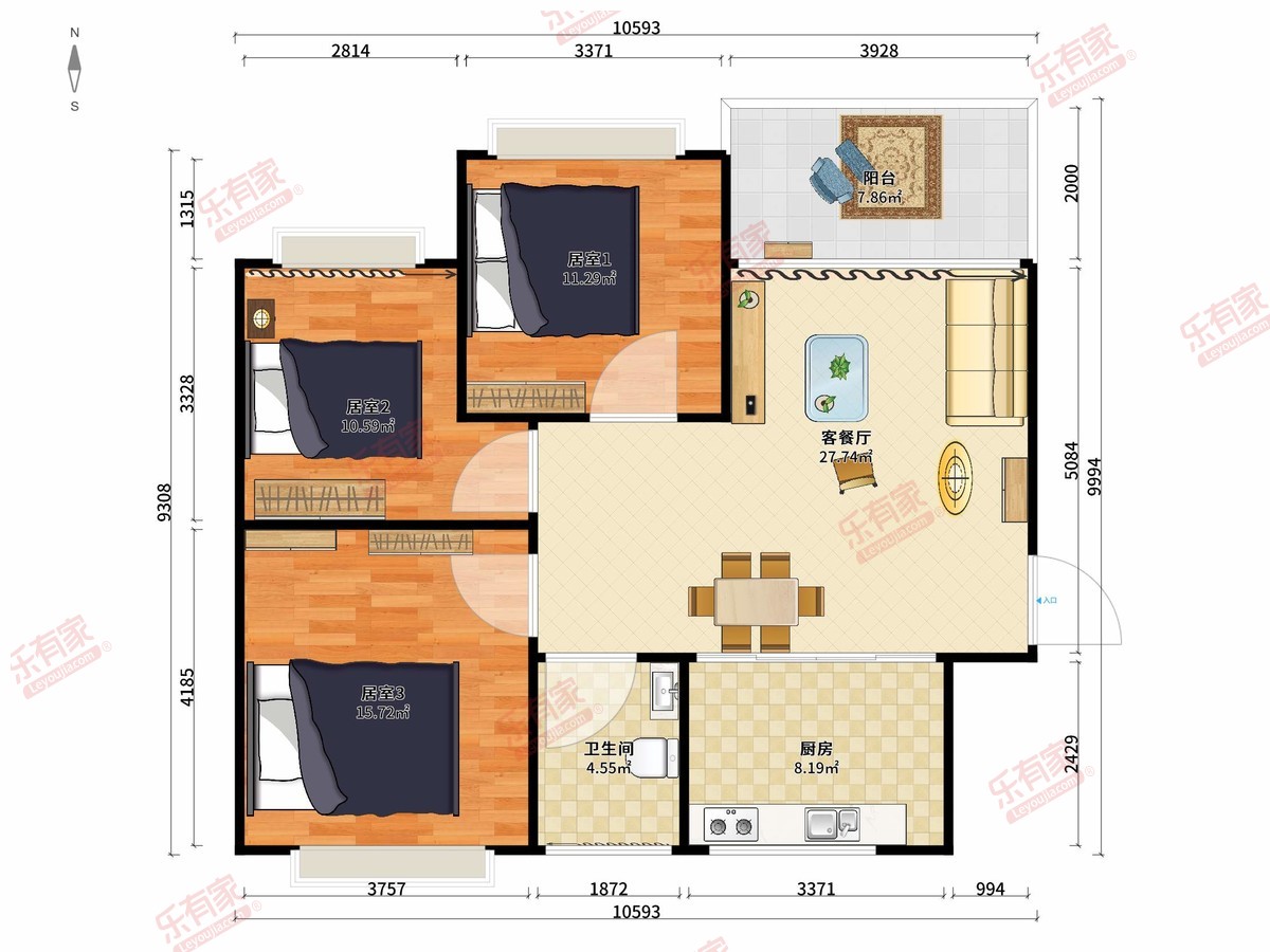 恒大悦府 3房2厅1卫1厨1阳87.0m² 北