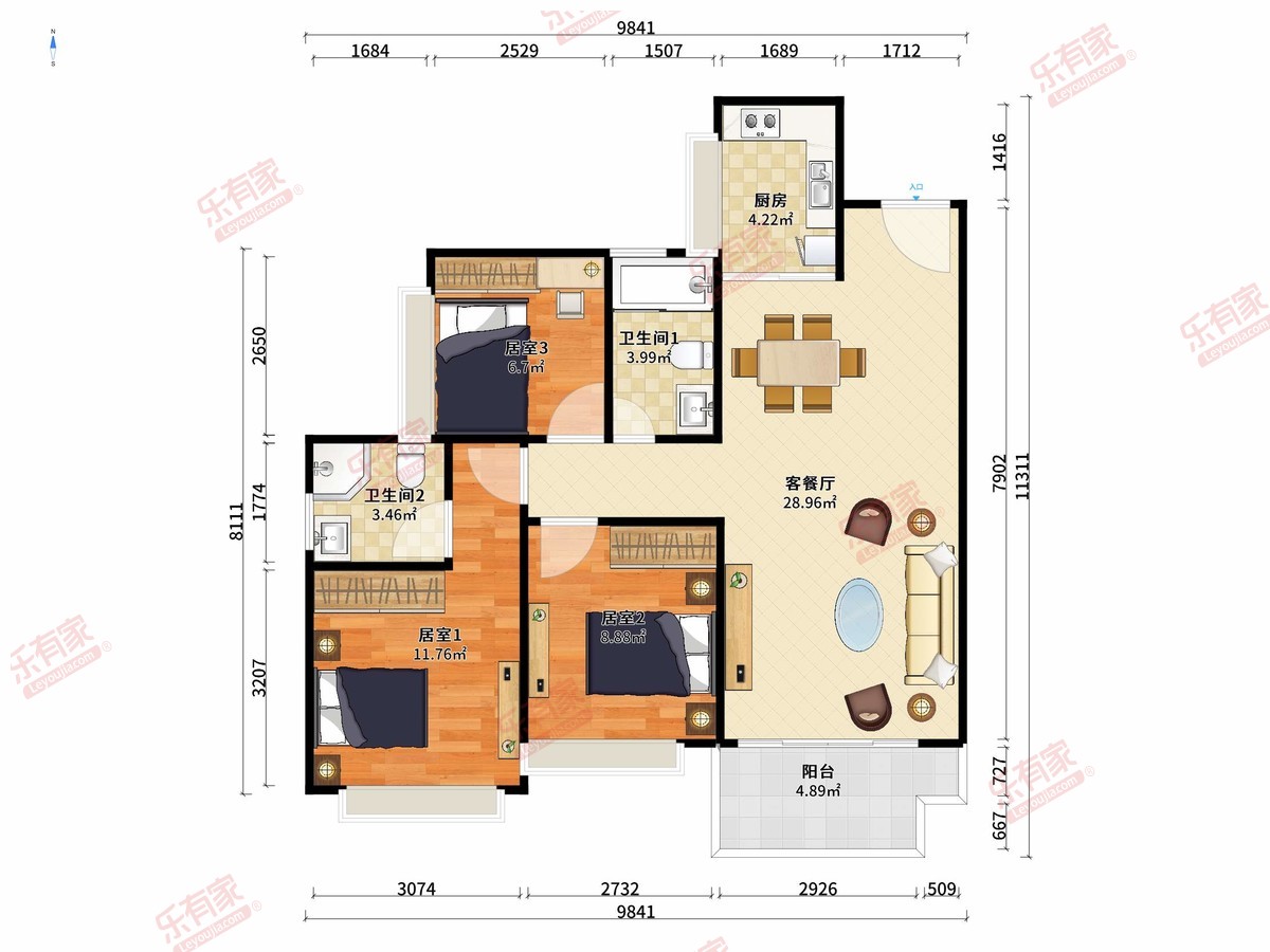 裕大幸福居 3房2厅2卫1厨1阳93.0m² 南