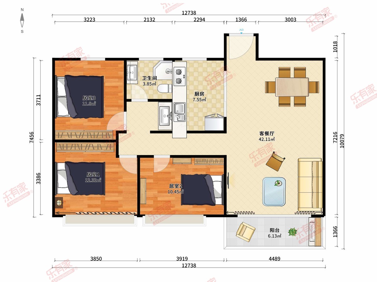 新力·琥珀园 3房2厅1卫1厨1阳96.0m² 南