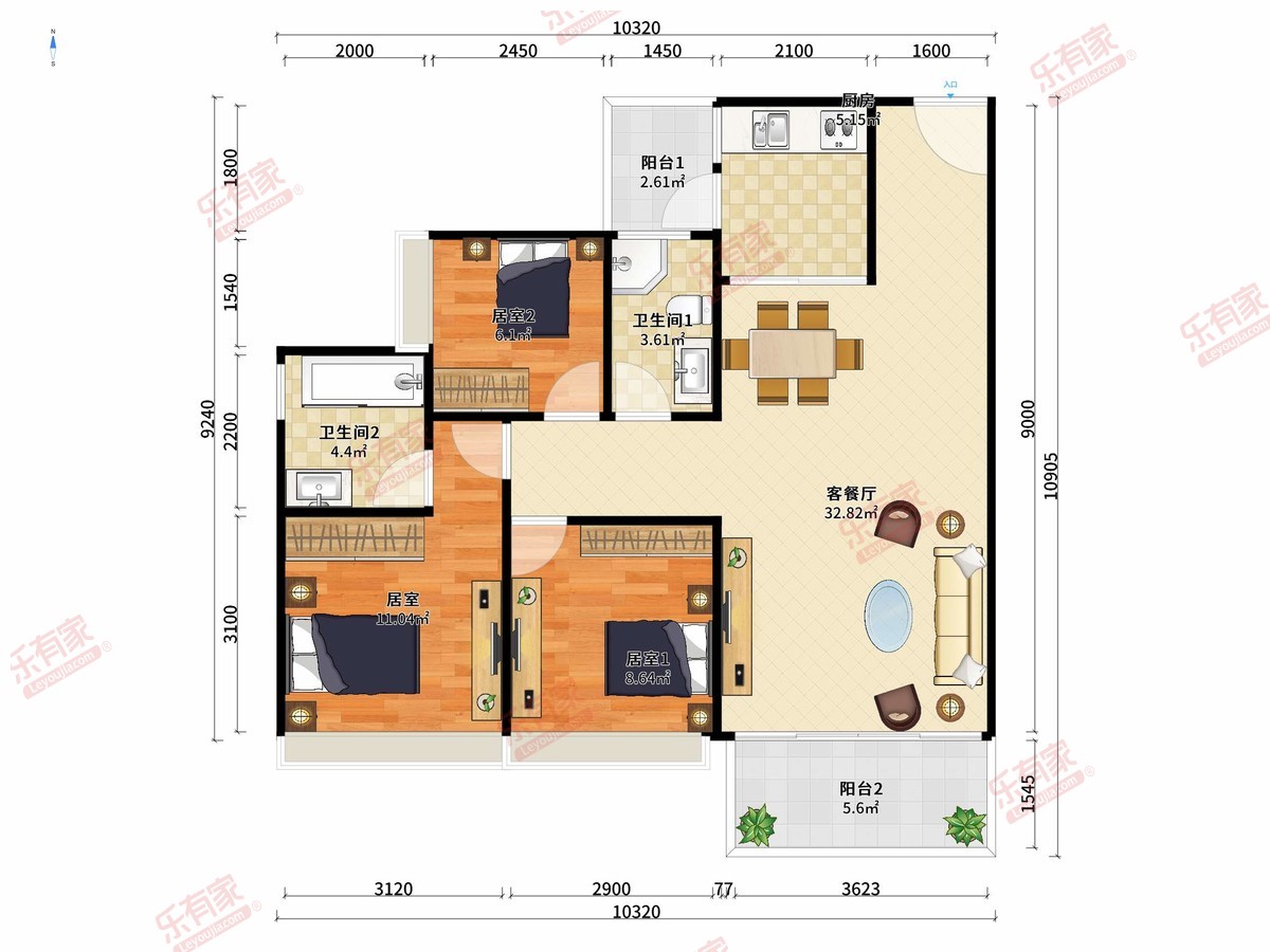 云锦台 3房2厅2卫1厨2阳90.0m² 南
