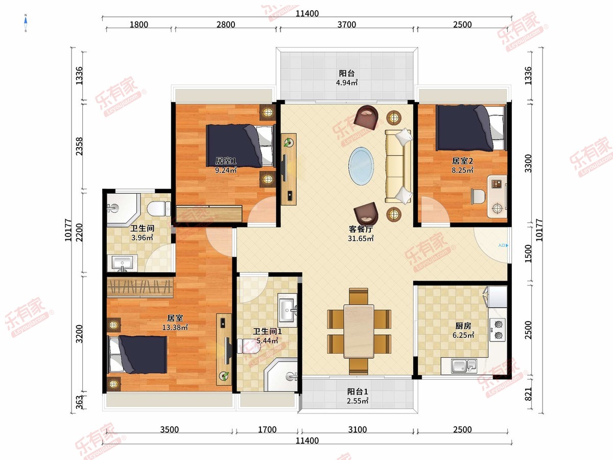云锦台 3房2厅2卫1厨2阳100.0m² 南北