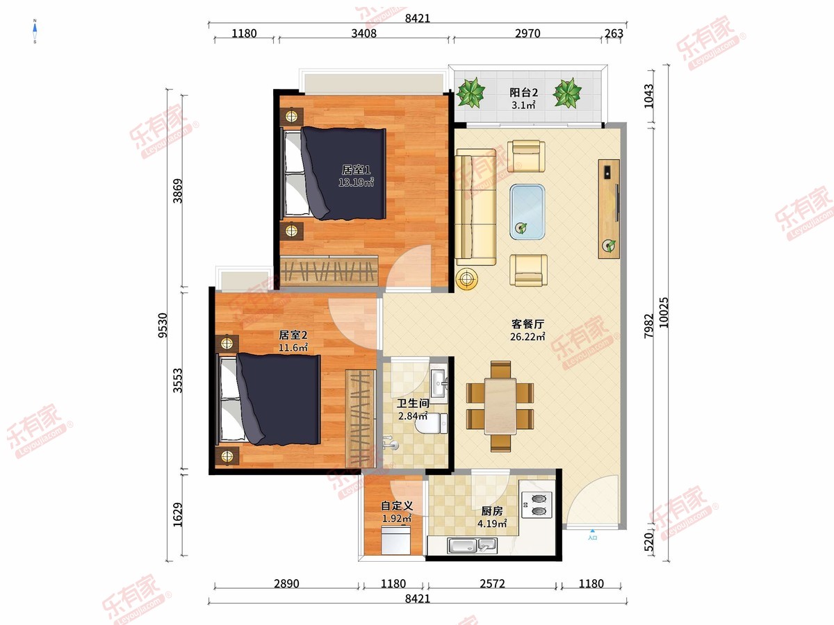 泽金城南春天 2房2厅1卫1厨1阳84.62m² 南